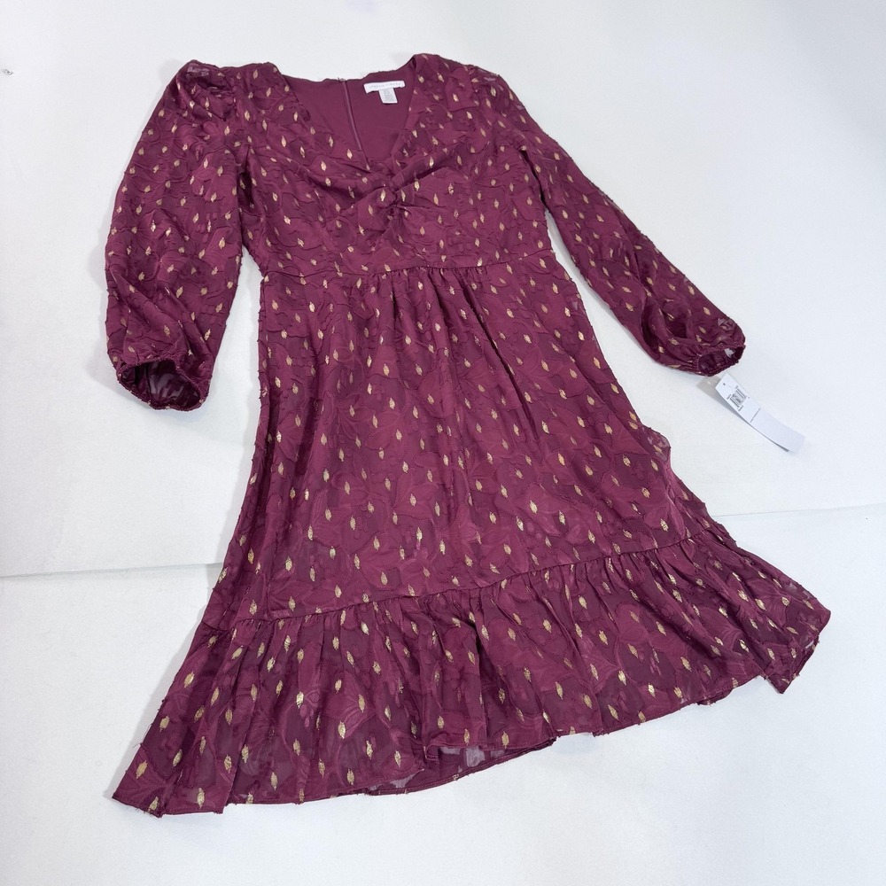 London Times Dress Womens 6 Purple Jacquard Puff‎ Sleeve Fit Flare Ruffle Mini